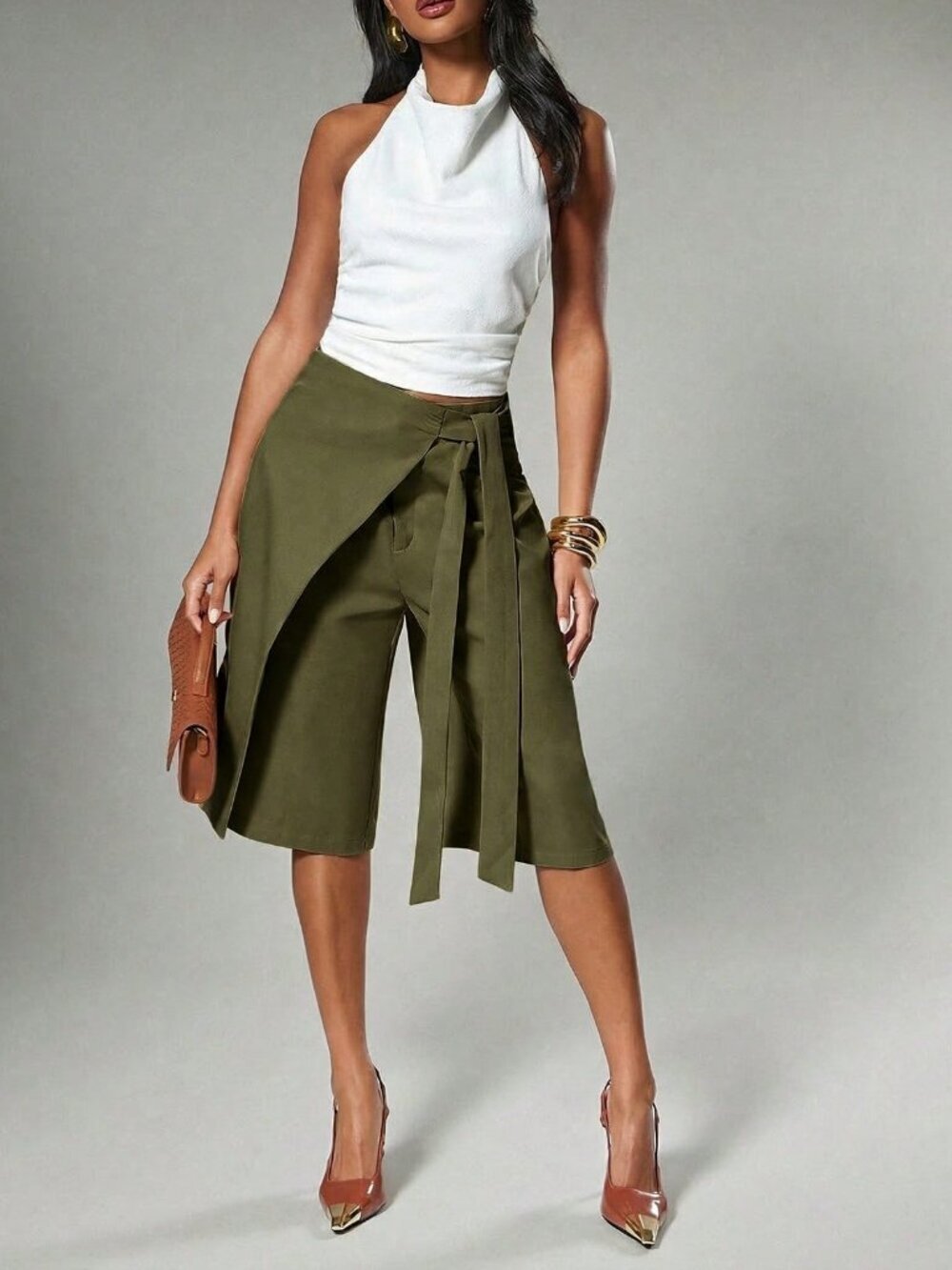 Army Green Casual Wrap Wide Leg Women's Bermuda Shorts with Tie Detail